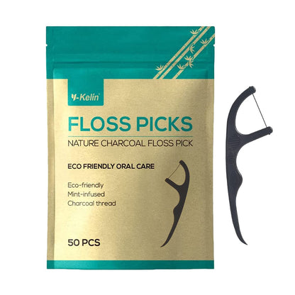 Y-Kelin Natural Dental Floss Picks – Vegan, Eco-Friendly, Black Bamboo Charcoal, Mint, 100 Pcs