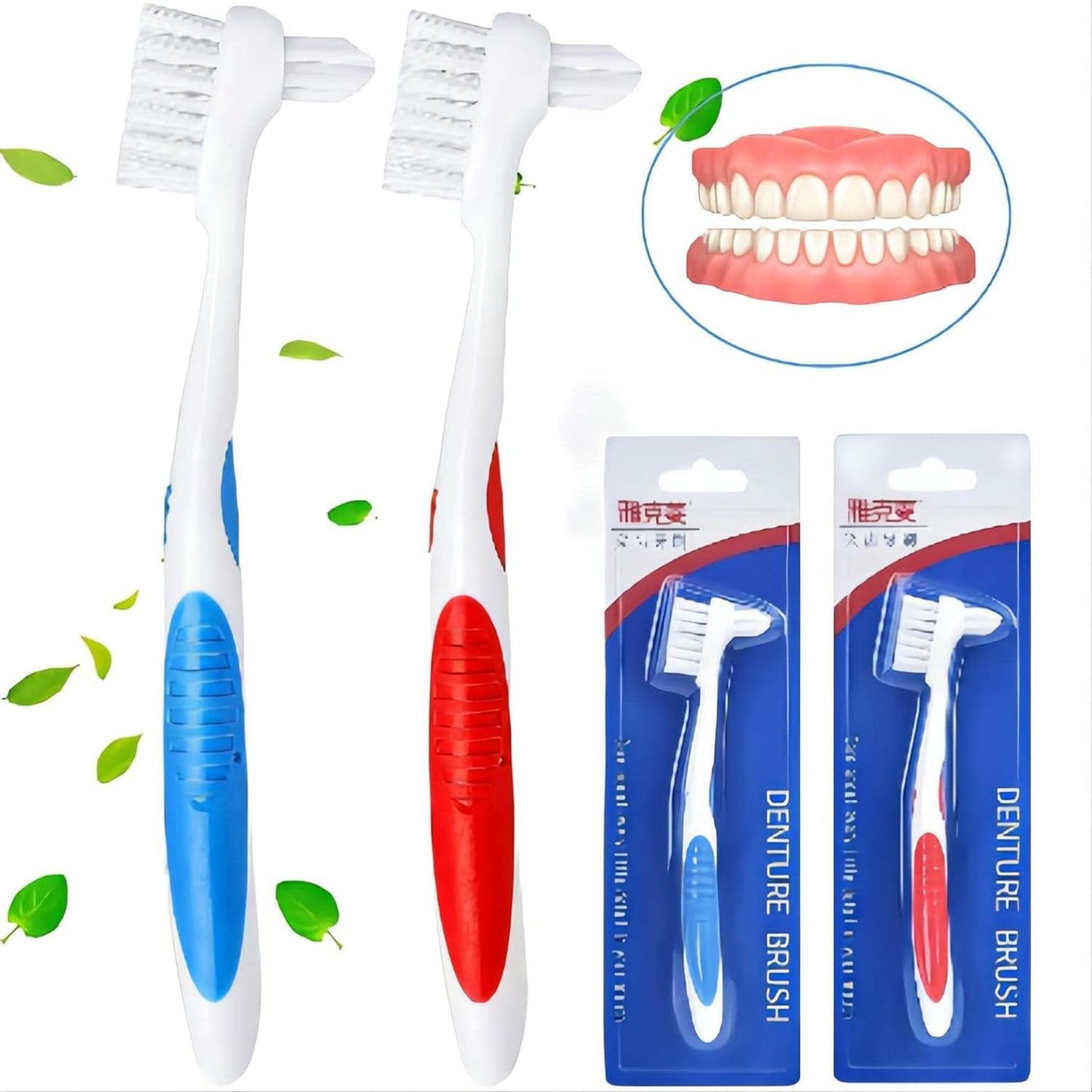 Y-Kelin Denture Brush with Hard Bristles - Dual Head, Non-Slip Rubber Handle (Red & Blue, 2 Pcs)