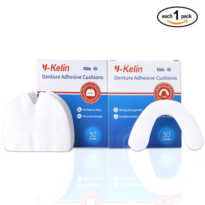 Y-Kelin Denture Adhesive Cushions Uppers & Lowers - Non-Chemical, Adhesive-Free Denture Pads (60 Strips)