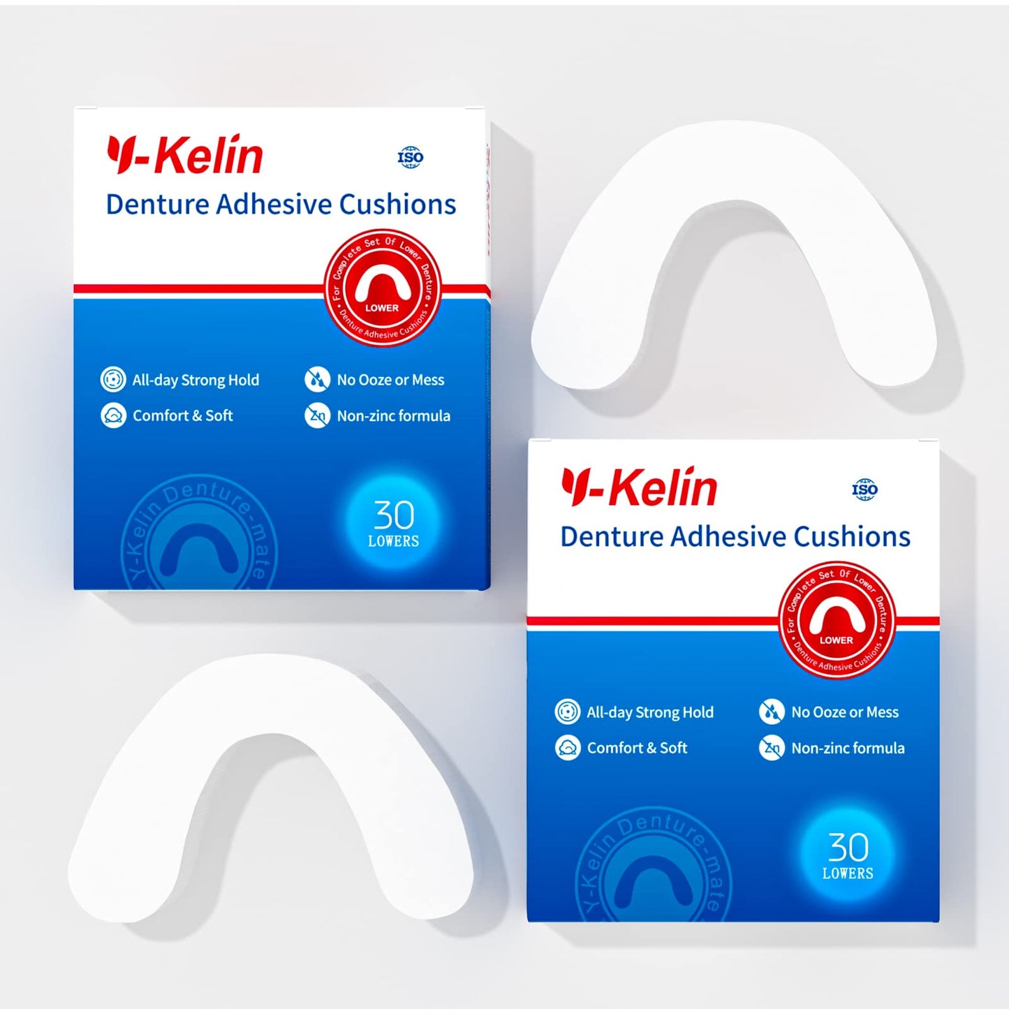 Y-Kelin Lower Denture Adhesive Cushions – Adhesive-Free Pads for Sore Gums (60 Strips)
