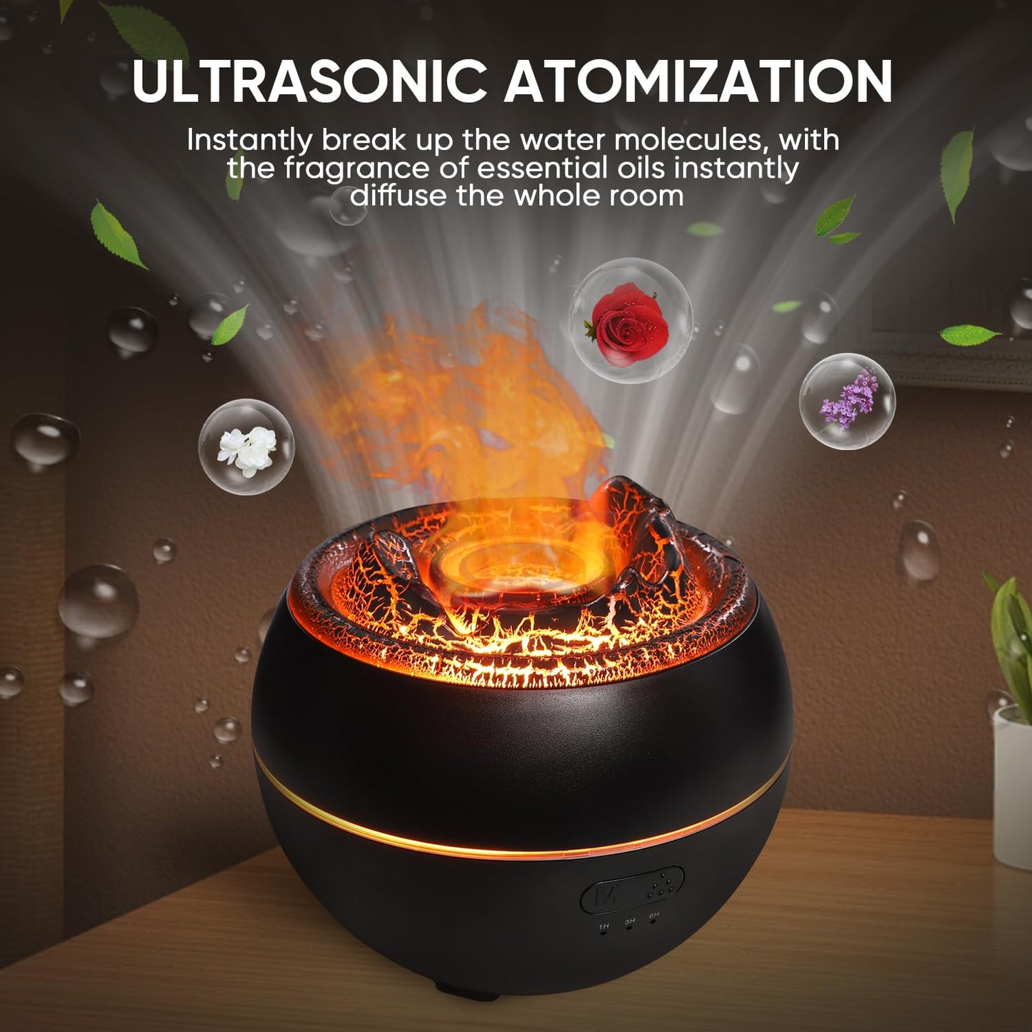 YALEDI Volcano Flame Essential Oil Diffuser – 360ml, 7-Color Lights, Auto Shut-Off (Black)