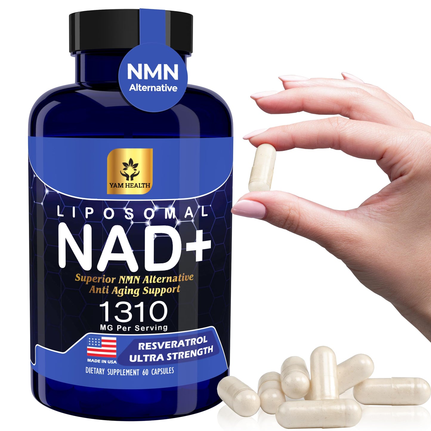 YAM Health Liposomal NAD+ with Trans-Resveratrol – Premium Halal NAD Supplement for Energy Metabolism, DNA Repair & Longevity (Vegan, Non-GMO, 60 Count)