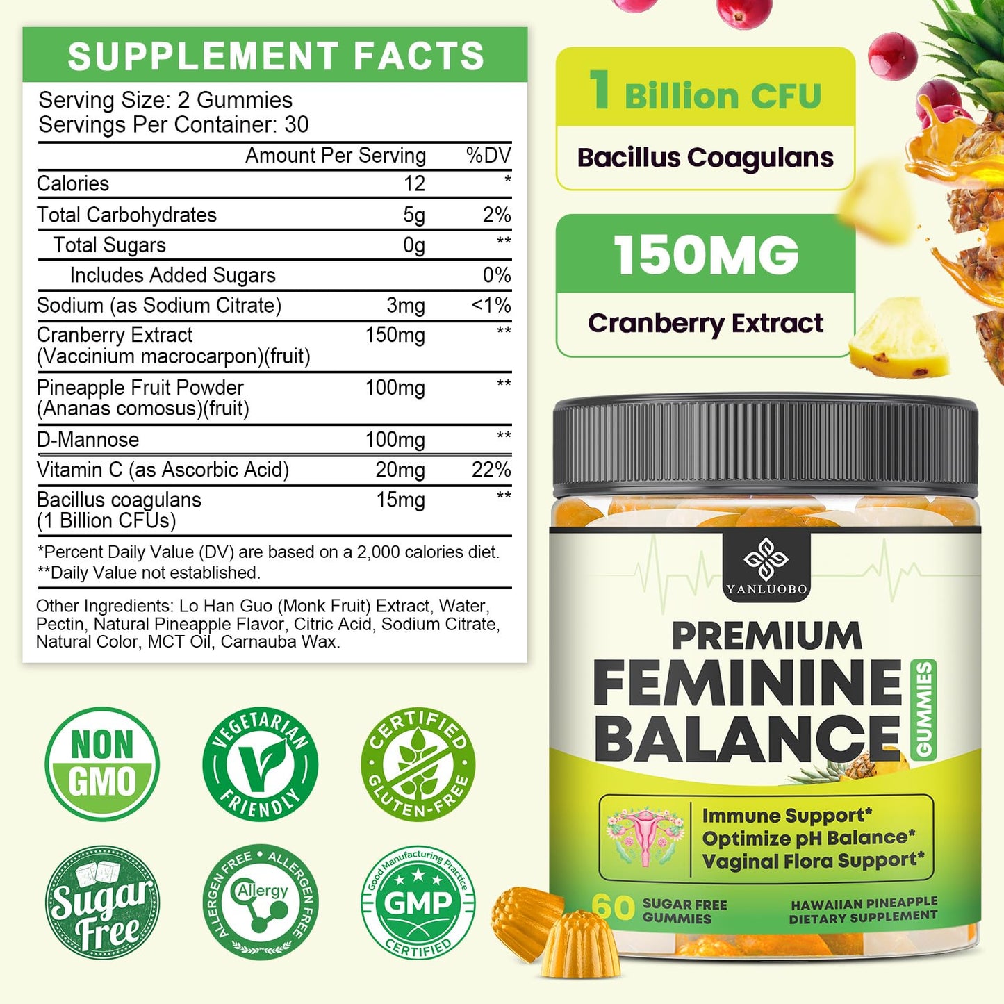 YANLUOBO Feminine Balance Probiotic Gummies for Women | Vaginal Health & pH Balance | 60 Count
