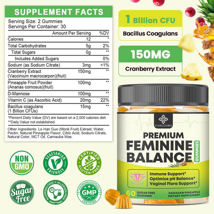 YANLUOBO Feminine Balance Probiotic Gummies for Women | Vaginal Health & pH Balance | 60 Count