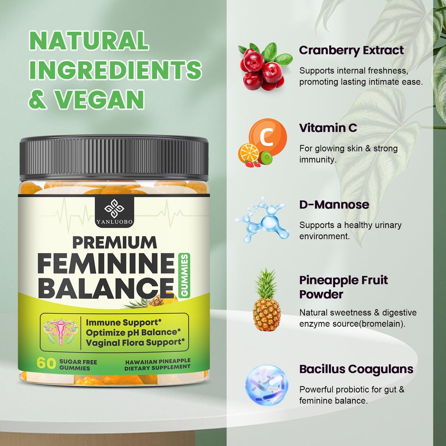 YANLUOBO Feminine Balance Probiotic Gummies for Women | Vaginal Health & pH Balance | 60 Count