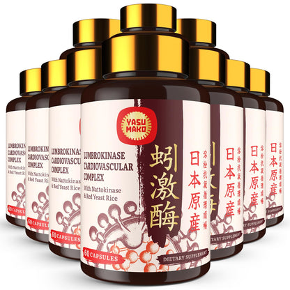 Yasumako Lumbrokinase 100mg + Nattokinase 100mg + Red Yeast Rice 300mg — 600 Capsules (Pack of 10)