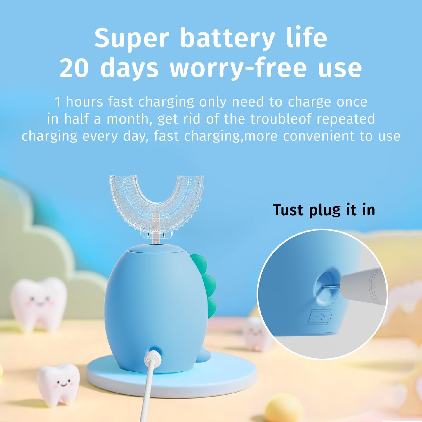 Yeklike Kids U-Shaped Electric Toothbrush - Sonic Baby Toothbrush, Cartoon Dinosaur 360° Cleaning, IPX7 Waterproof (8-15y)