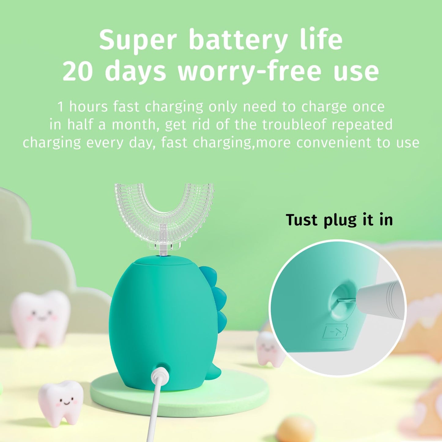 Yeklike Kids U-Shaped Electric Toothbrush 360° Cleaning IPX7 Waterproof (8-15y)