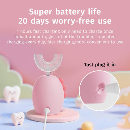 yeklike Kids U-Shaped Electric Toothbrush Pink - 360° Cleaning, IPX7, 8-15y
