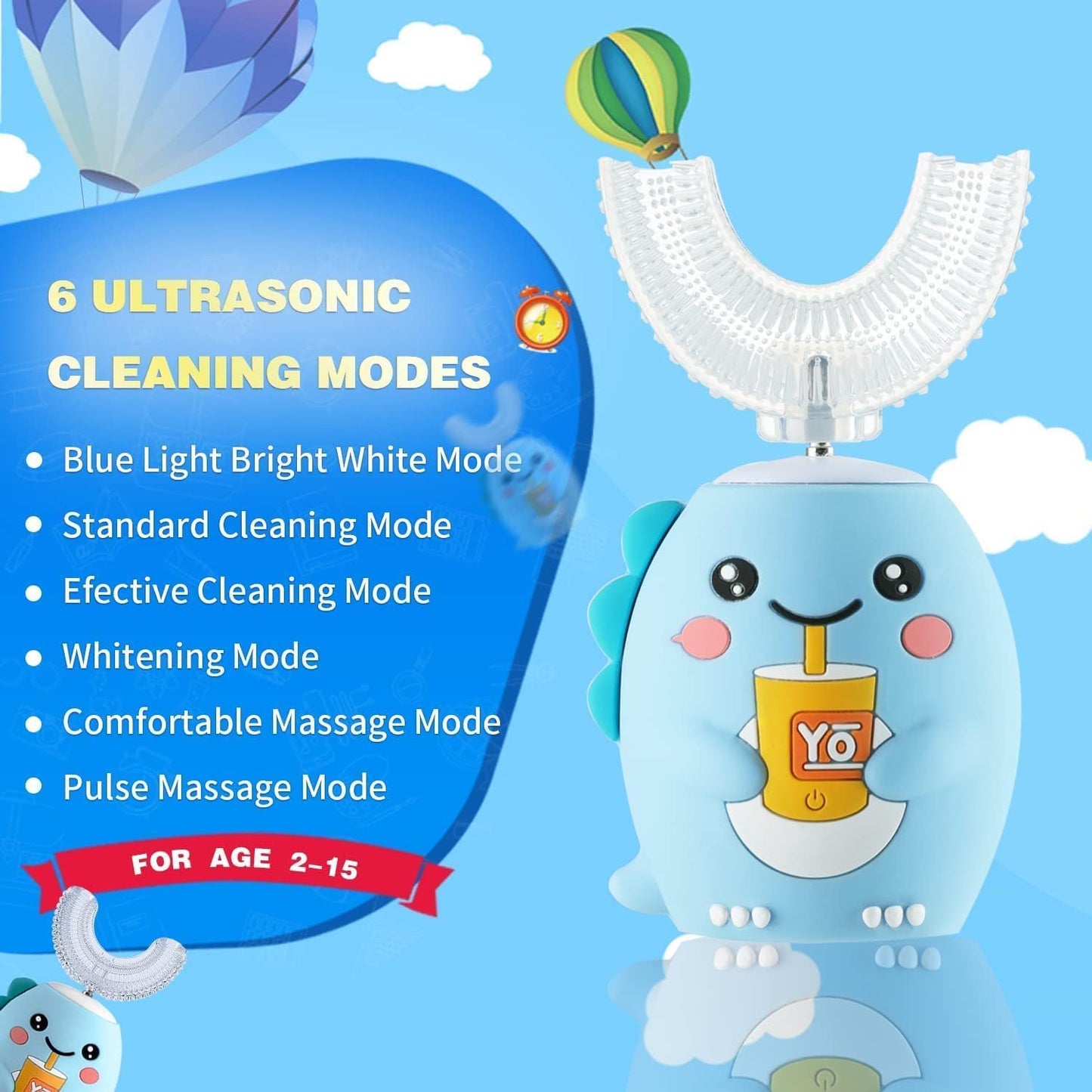 Yeklike Kids U-Shaped Electric Toothbrush - Sonic Baby Toothbrush, Cartoon Dinosaur 360° Cleaning, IPX7 Waterproof (8-15y)