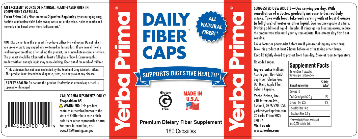 Yerba Prima Daily Fiber Caps – 180 Capsules | Soluble & Insoluble Fiber for Gut Health