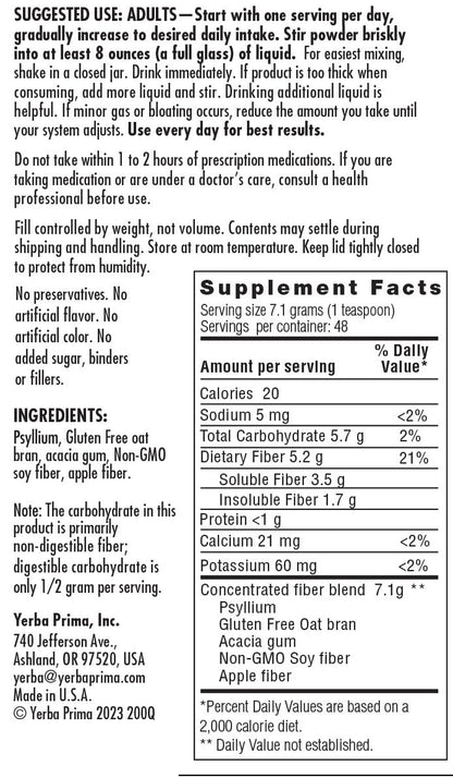 Yerba Prima Daily Fiber Formula Powder – 12 oz (Pack of 4) | Soluble & Insoluble Fiber for Gut Health | Vegan, Non-GMO, Gluten-Free