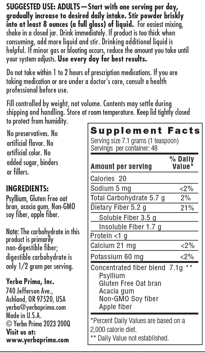 Yerba Prima Daily Fiber Powder - 12 oz | Digestive Support, Vegan