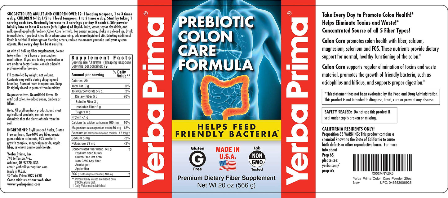 Yerba Prima Prebiotic Colon Care Formula 20 oz Powder (Pack of 2) – Psyllium Husk, FOS, Magnesium, Selenium