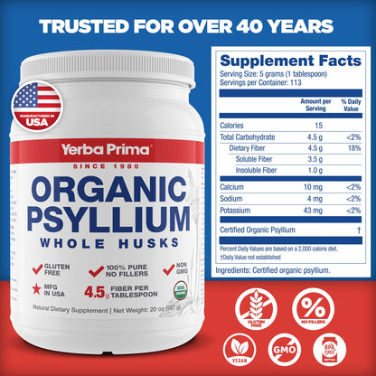Yerba Prima Organic Whole Psyllium Husks Fiber – 20 oz Pack of 2 | Gluten Free, Non-GMO, Vegan