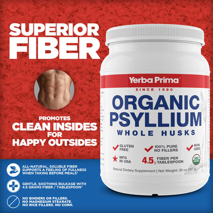 Yerba Prima Organic Whole Psyllium Husks Fiber – 20 oz Pack of 2 | Gluten Free, Non-GMO, Vegan