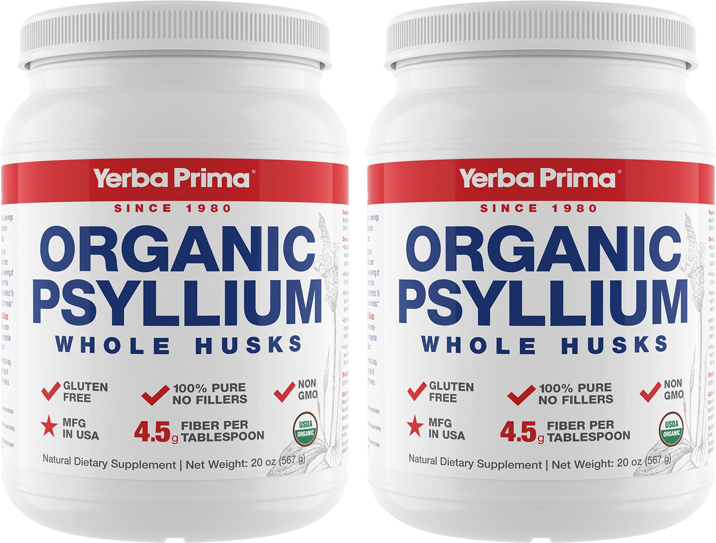 Yerba Prima Organic Whole Psyllium Husks Fiber – 20 oz Pack of 2 | Gluten Free, Non-GMO, Vegan