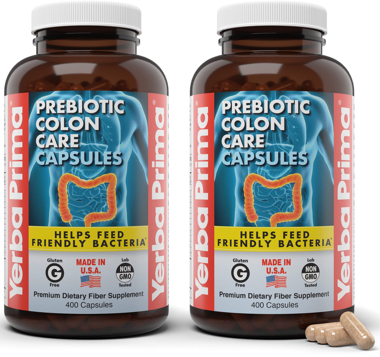 Yerba Prima Prebiotic Colon Care Capsules, 400 Caps (Pack of 2) – Five Forms of Dietary Fiber