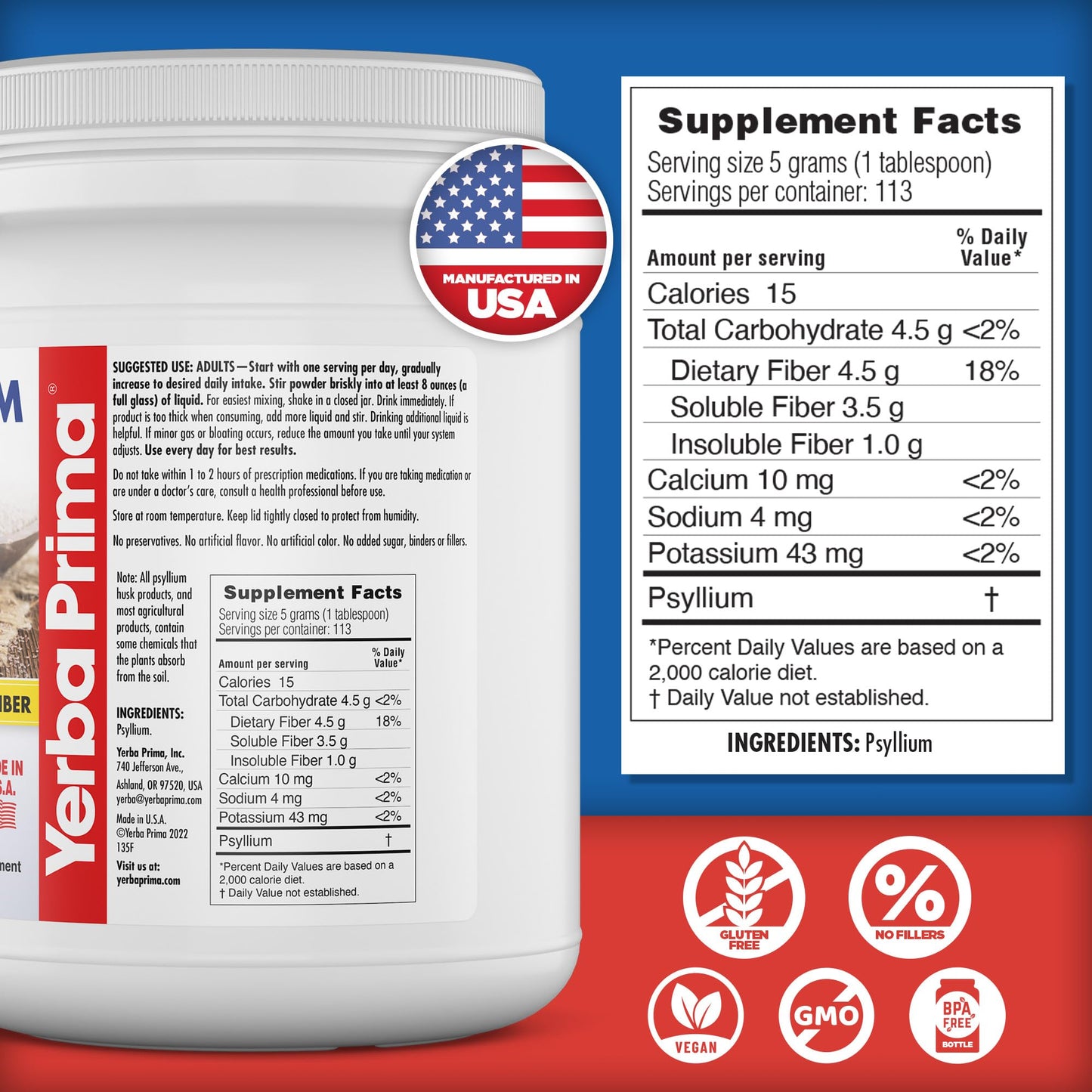 Yerba Prima Whole Psyllium Husk Fiber Supplement 20 oz (Pack of 2) – Vegan, Gluten Free, Non-GMO