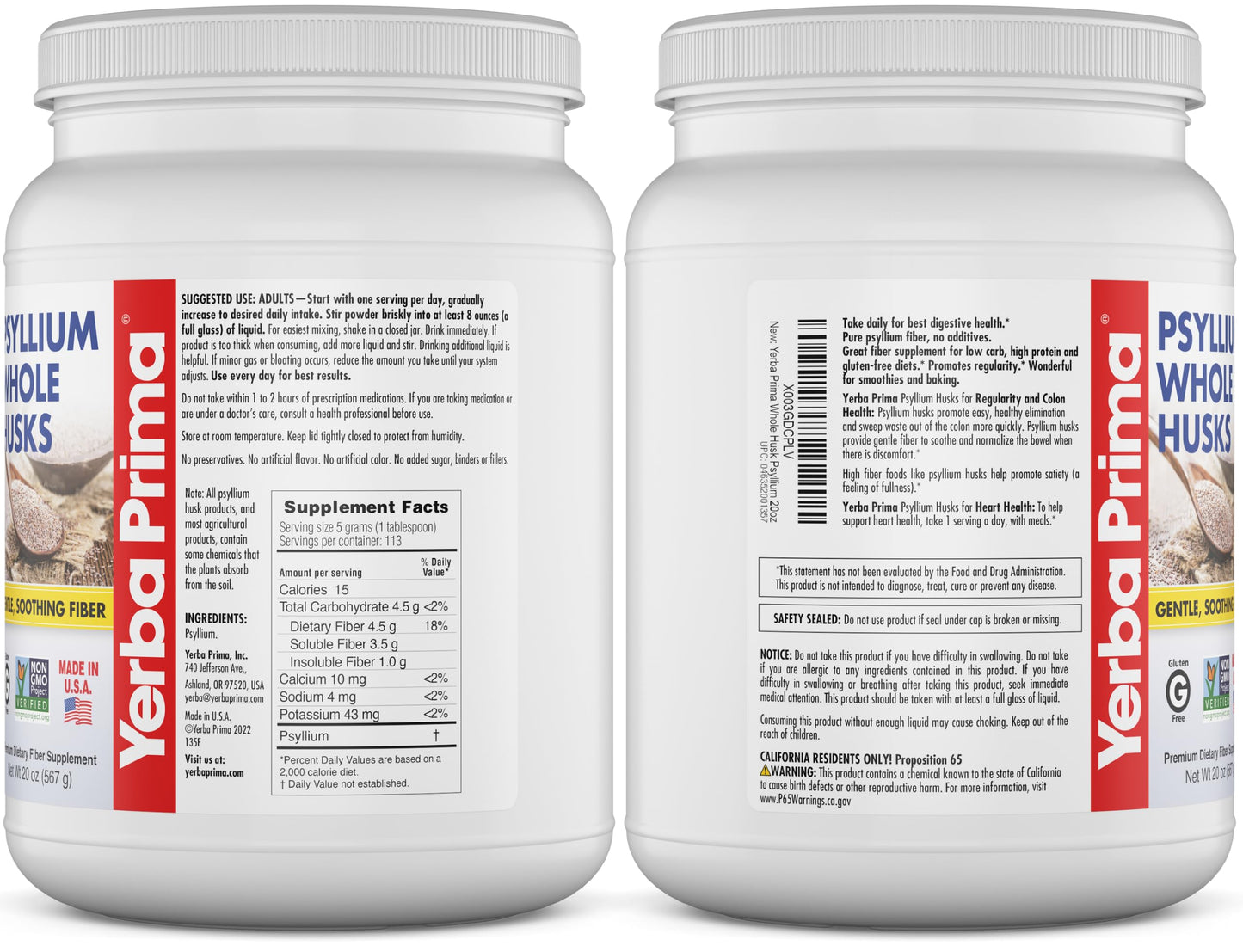 Yerba Prima Whole Psyllium Husk Fiber Supplement 20 oz (Pack of 2) – Vegan, Gluten Free, Non-GMO