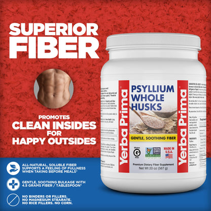 Yerba Prima Whole Psyllium Husk Fiber Supplement 20 oz (Pack of 2) – Vegan, Gluten Free, Non-GMO
