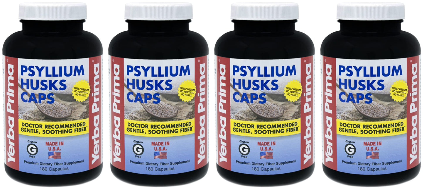 Yerba Prima Psyllium Husks Caps – Pack of 4 (4×180 caps) | Non-GMO Gluten Free Fiber Supplement