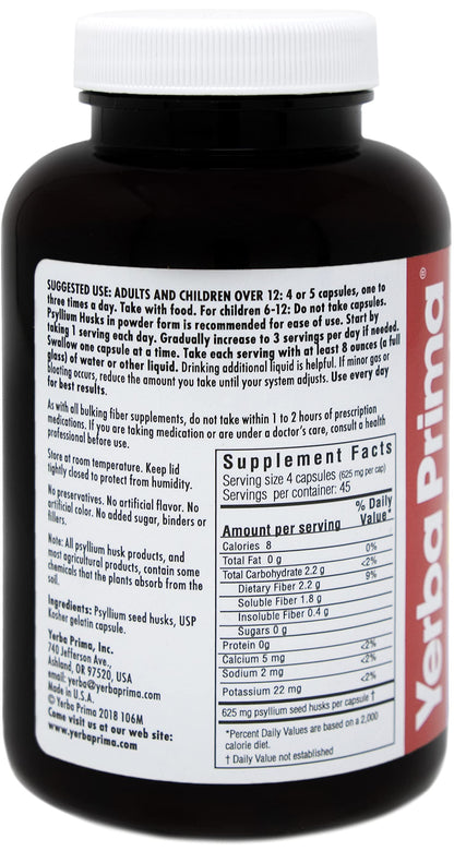 Yerba Prima Psyllium Husks Caps – 180 Caps (Pack of 3) Non-GMO Gluten Free Fiber