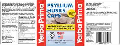 Yerba Prima Psyllium Husks Caps – 180 Caps (Pack of 3) Non-GMO Gluten Free Fiber