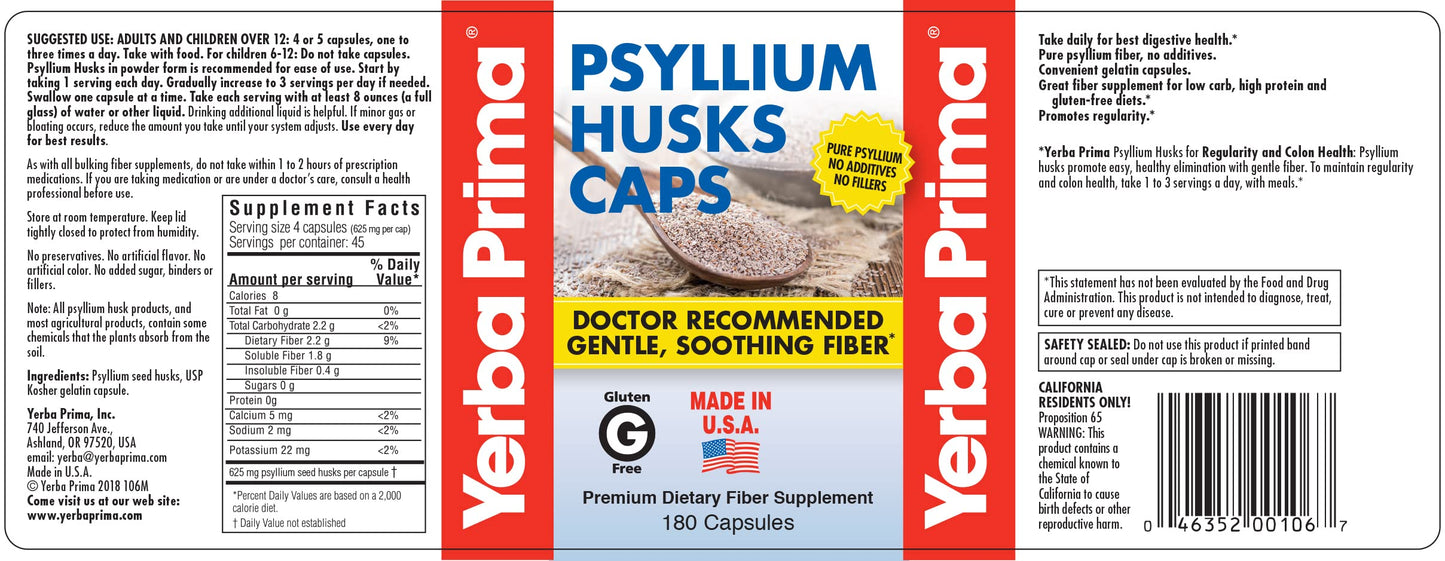 Yerba Prima Psyllium Husks Caps – 180 Caps (Pack of 3) Non-GMO Gluten Free Fiber