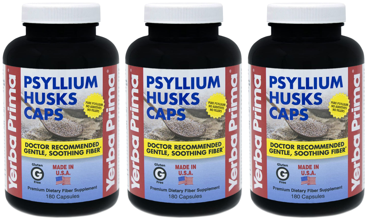 Yerba Prima Psyllium Husks Caps – 180 Caps (Pack of 3) Non-GMO Gluten Free Fiber