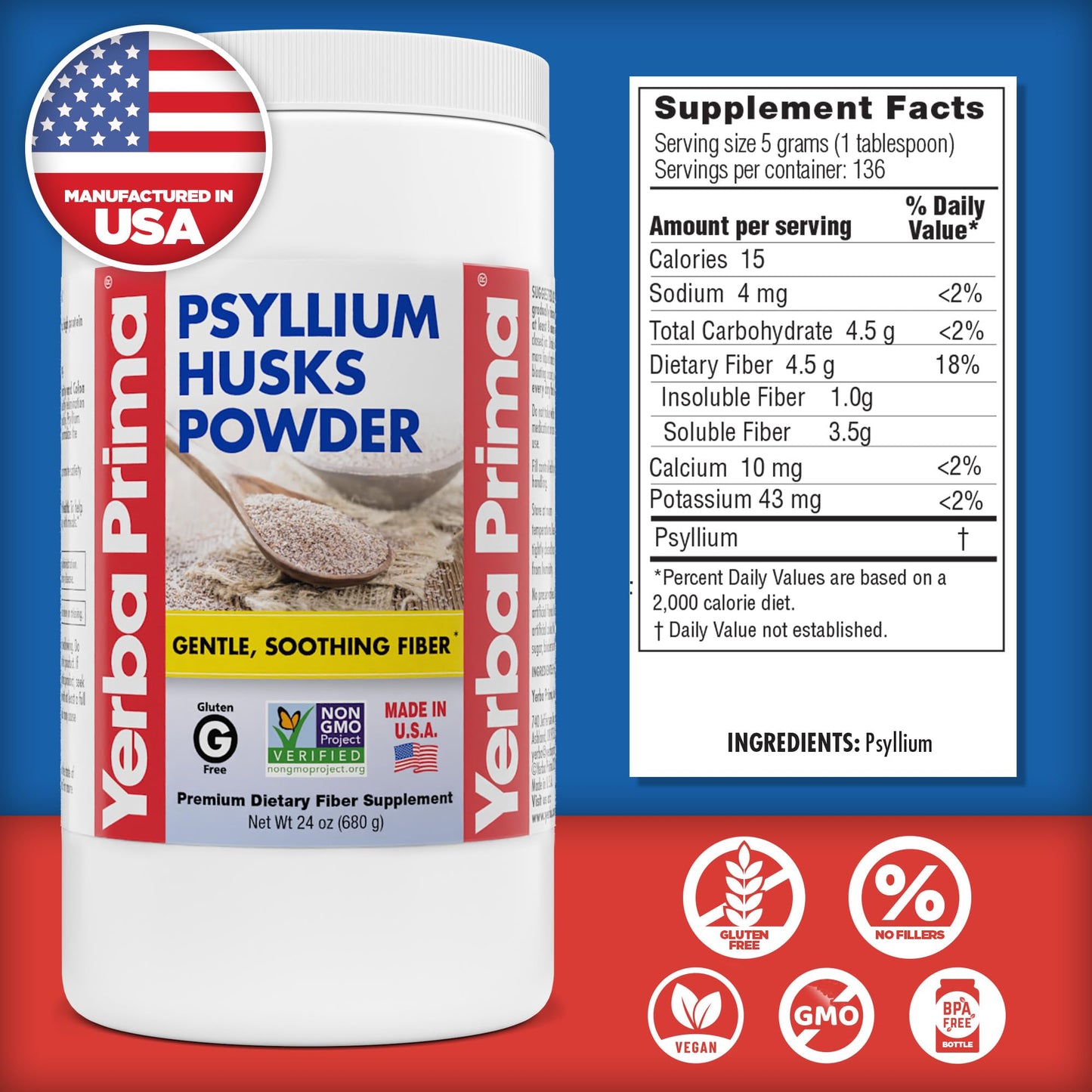 Yerba Prima Psyllium Husks Powder - 24 oz (Pack of 2) Unflavored, Fine Ground, Natural Fiber Supplement