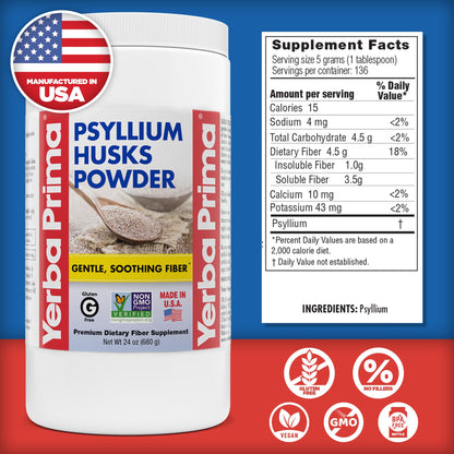 Yerba Prima Psyllium Husks Powder - 24 oz (Pack of 2) Unflavored, Fine Ground, Natural Fiber Supplement