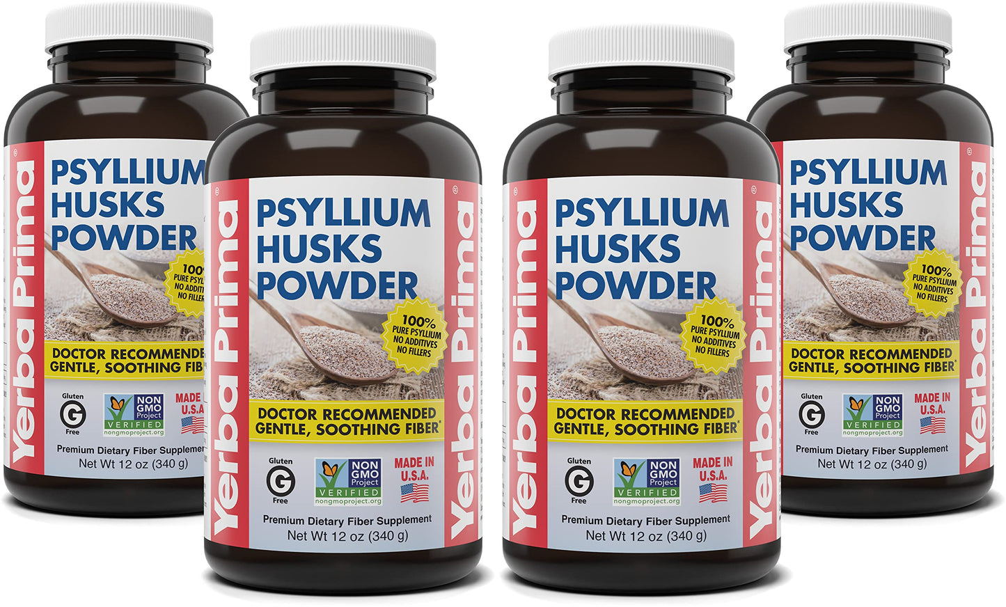 Yerba Prima Psyllium Husks Powder - 4 x 12 oz Pack (New Label) - Natural Fiber for Regularity & Gut Health