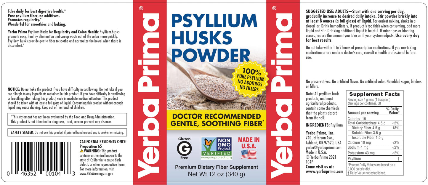 Yerba Prima Psyllium Husks Powder - 4 x 12 oz Pack (New Label) - Natural Fiber for Regularity & Gut Health