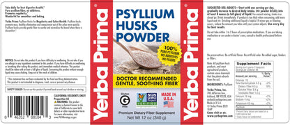 Yerba Prima Psyllium Husks Powder - 4 x 12 oz Pack (New Label) - Natural Fiber for Regularity & Gut Health