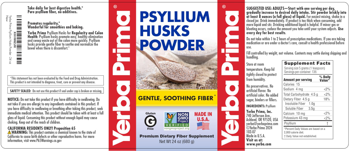 Yerba Prima Psyllium Husks Powder - 24 oz (Pack of 2) Unflavored, Fine Ground, Natural Fiber Supplement