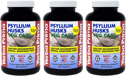 Yerba Prima Psyllium Husks Veg Caps - 180 Count Pack of 3 | Vegan, Non-GMO, Gluten Free Fiber Supplement