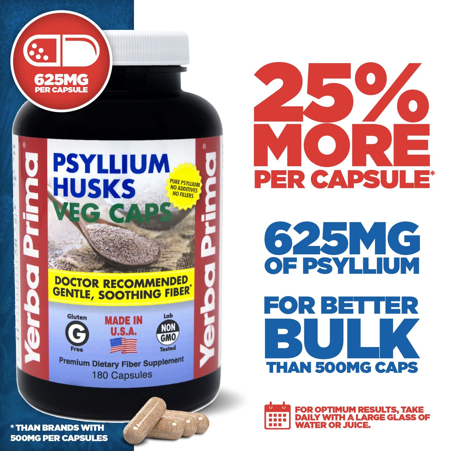 Yerba Prima Psyllium Husks Veg Caps - 180 Count Pack of 3 | Vegan, Non-GMO, Gluten Free Fiber Supplement