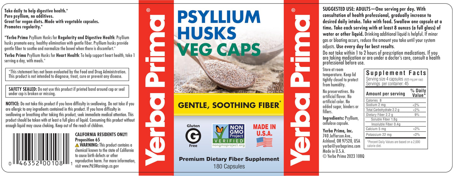 Yerba Prima Psyllium Husks Veg Caps - 180 Count Pack of 3 | Vegan, Non-GMO, Gluten Free Fiber Supplement