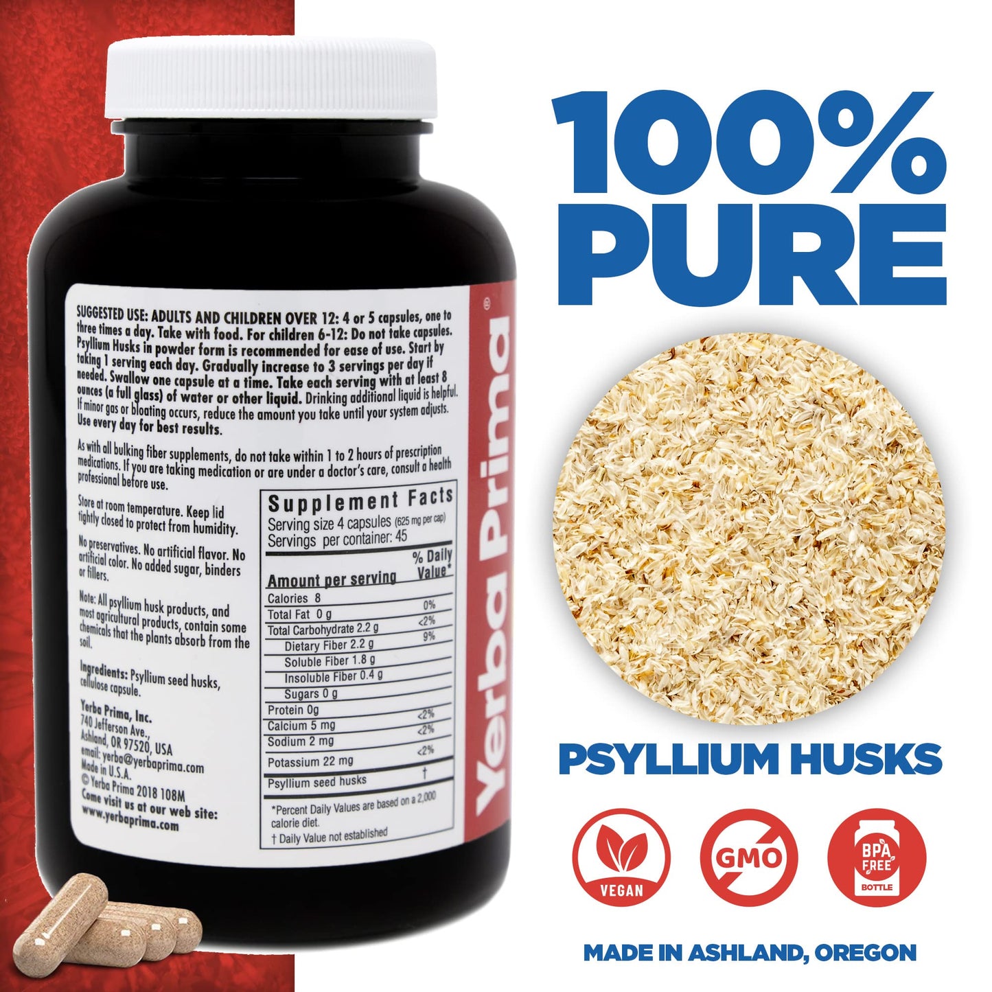 Yerba Prima Psyllium Husks Veg Caps – 4x180 Count | Vegan, Gluten Free, Non-GMO Fiber