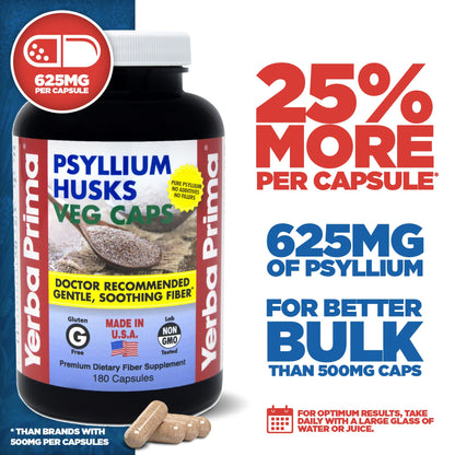 Yerba Prima Psyllium Husks Veg Caps – 4x180 Count | Vegan, Gluten Free, Non-GMO Fiber