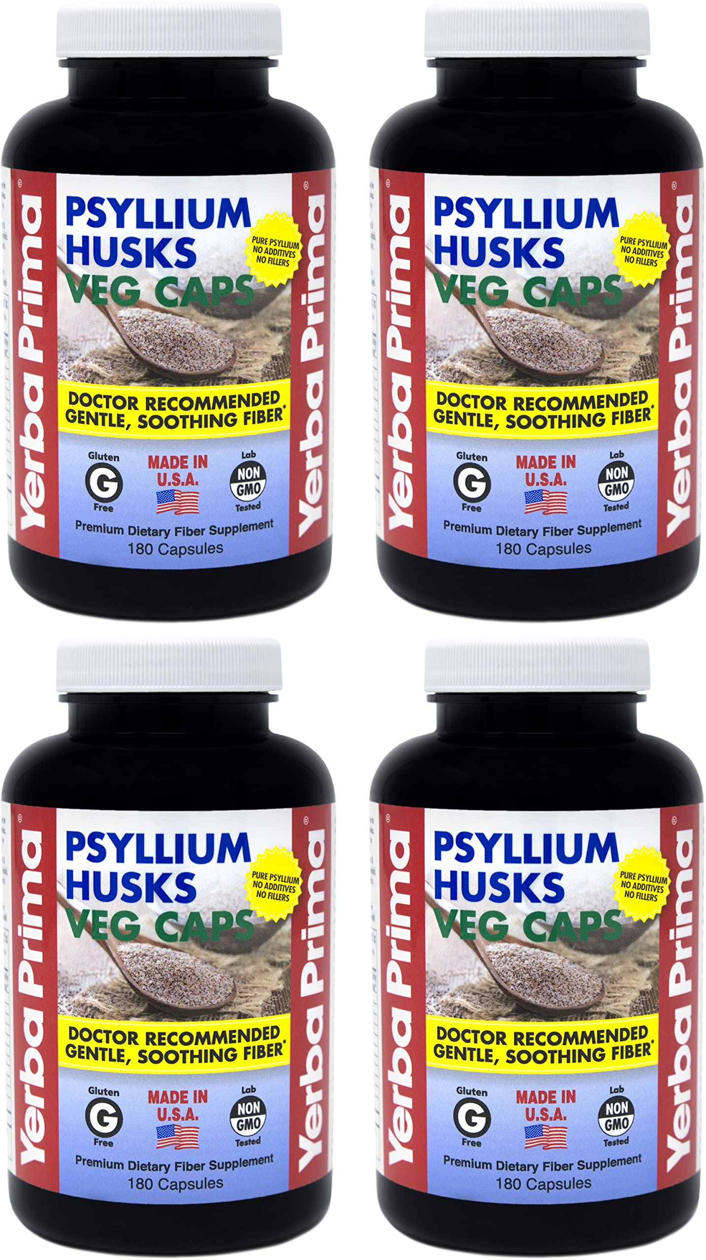 Yerba Prima Psyllium Husks Veg Caps – 4x180 Count | Vegan, Gluten Free, Non-GMO Fiber