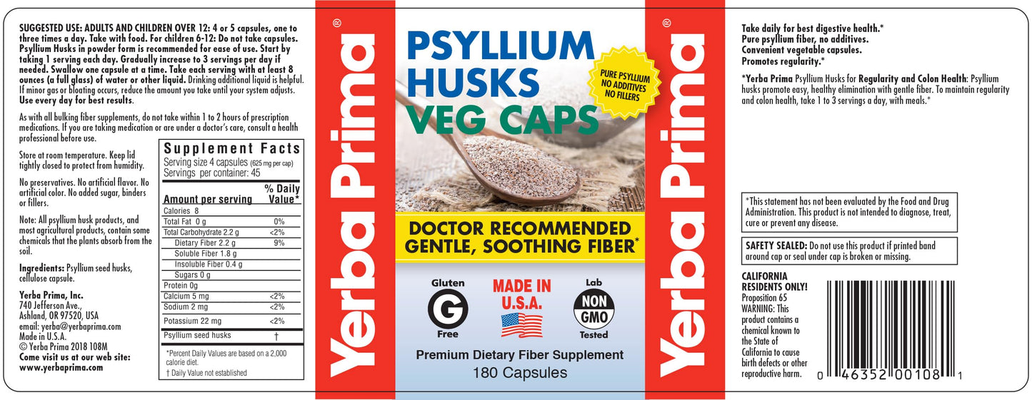 Yerba Prima Psyllium Husks Veg Caps – 4x180 Count | Vegan, Gluten Free, Non-GMO Fiber