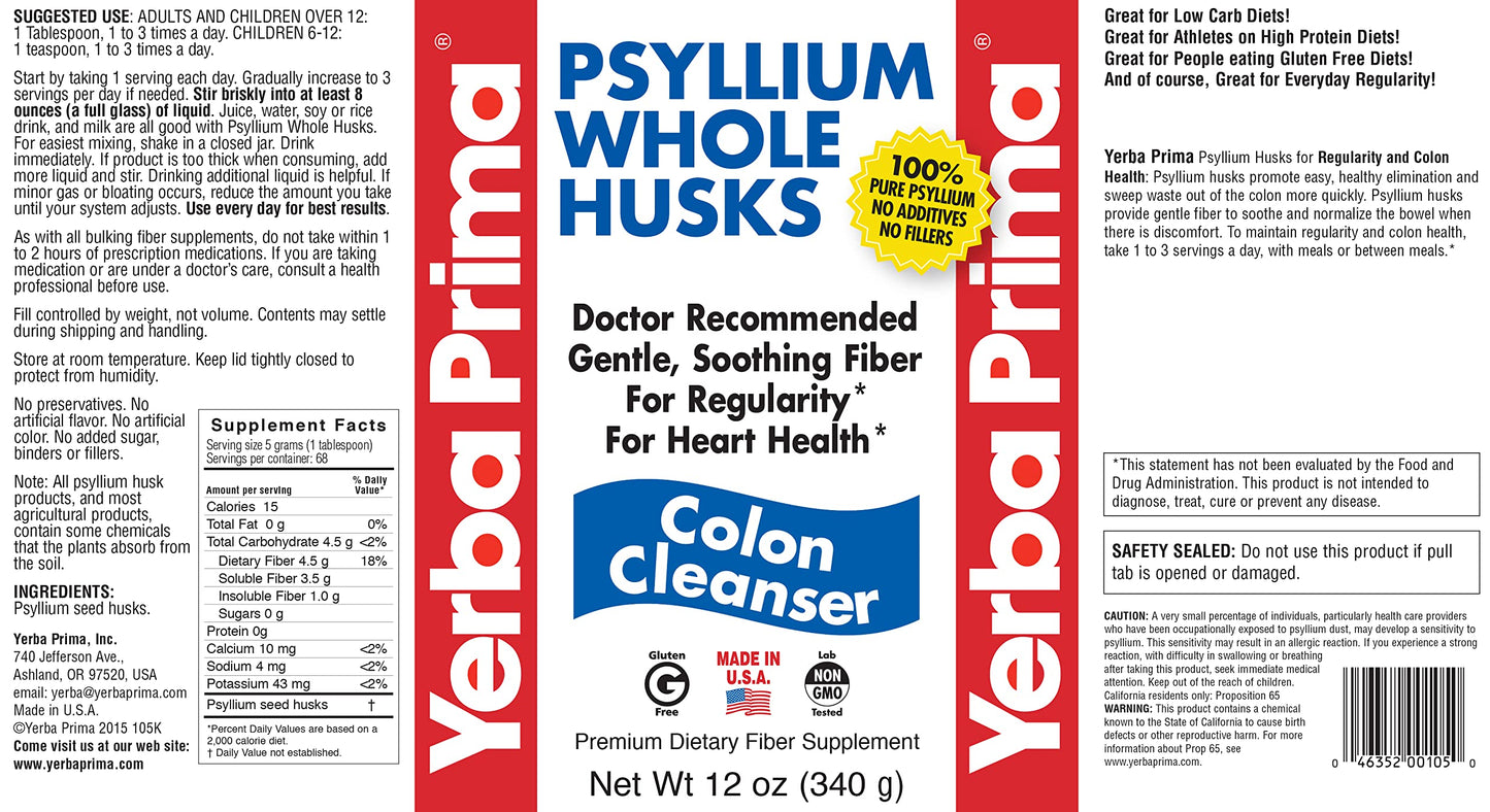 Yerba Prima Psyllium Whole Husks Colon Cleanser – 12 oz (Pack of 3)