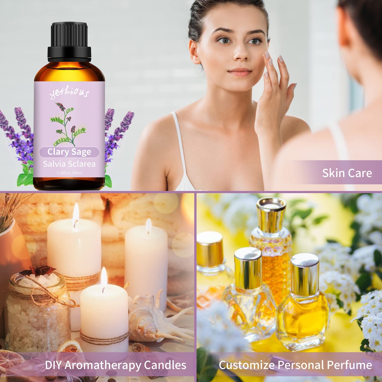 yethious Clary Sage Essential Oil – Diffuser, Aromatherapy, Skin & DIY Fragrance | Organic 3.38 Fl Oz
