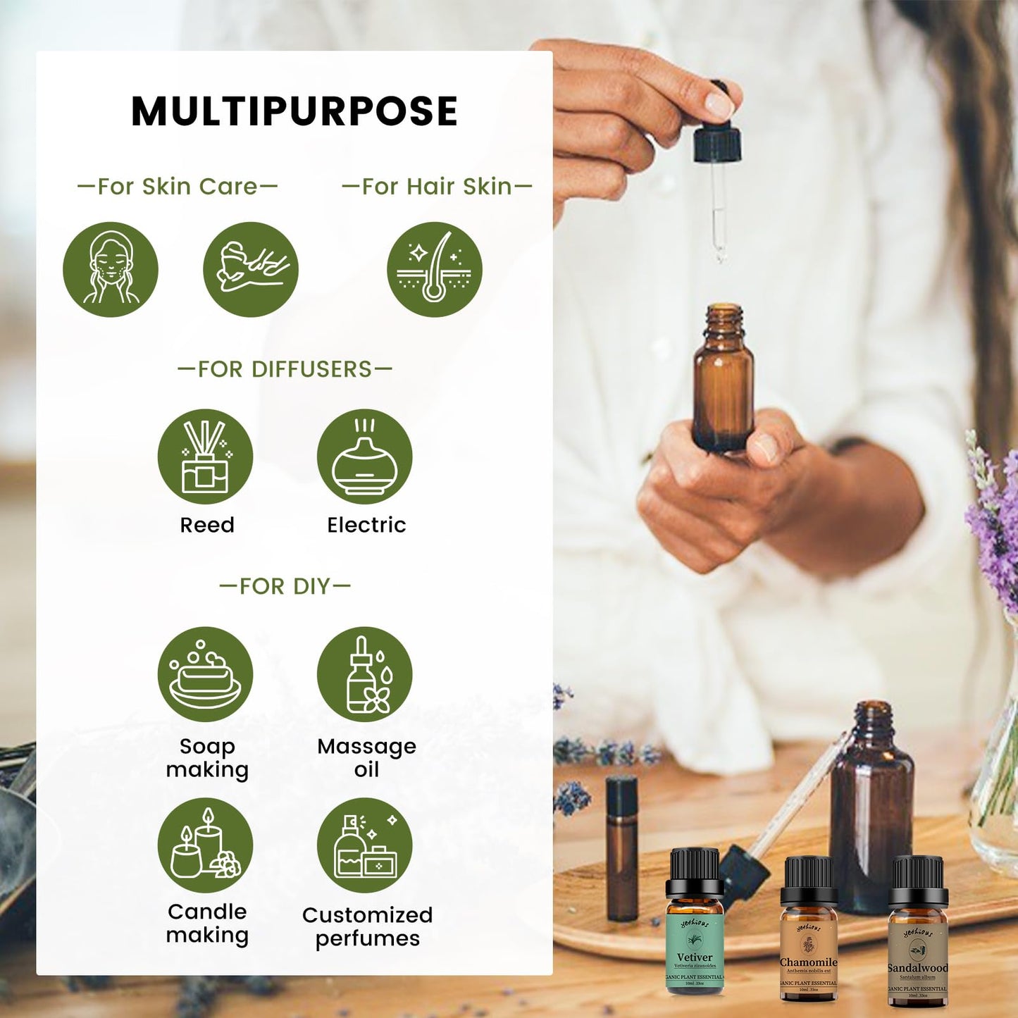 Yethious Chamomile Sandalwood Vetiver Essential Oil Set – Organic 100% Pure Aromatherapy Oils for Diffusers