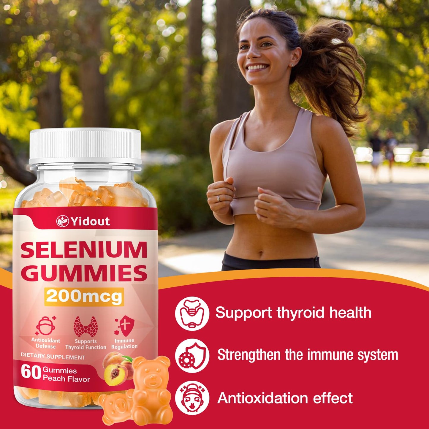 Yidout Selenium Gummies 200mcg | Thyroid Support & Energy Booster for Men & Women | Peach Flavor, 60 Count