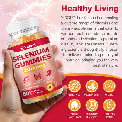 Yidout Selenium Gummies 200mcg | Thyroid Support & Energy Booster for Men & Women | Peach Flavor, 60 Count