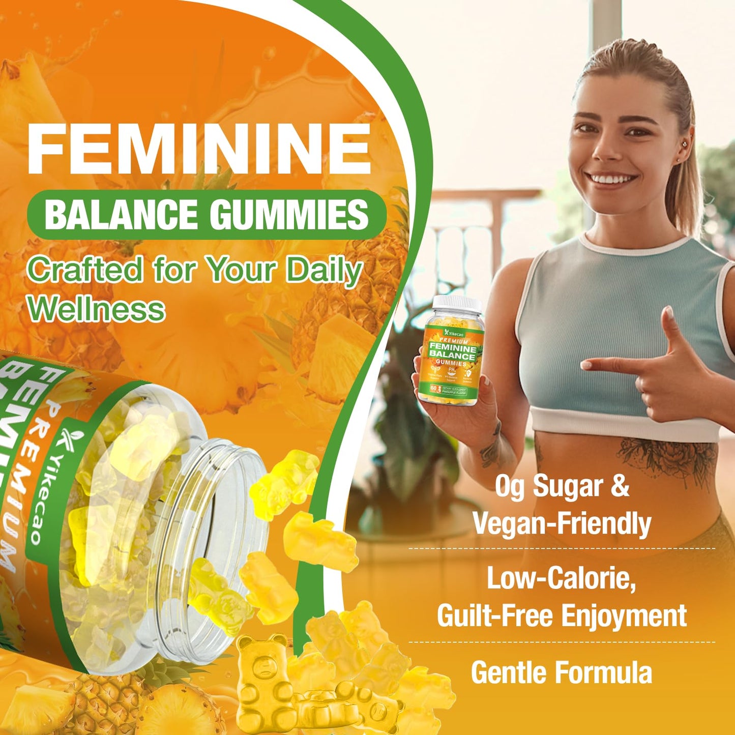Yikecao Premium Feminine Balance Gummies for Women – Pineapple, 60 Count, Vegan & Gluten-Free