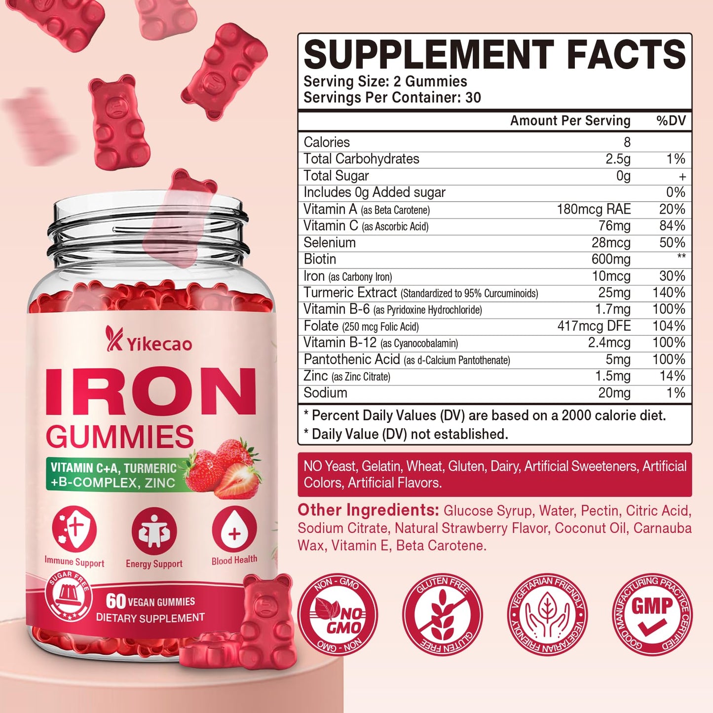 Yikecao 2 Pack Vegan Iron Gummies | Iron Supplement for Women & Men